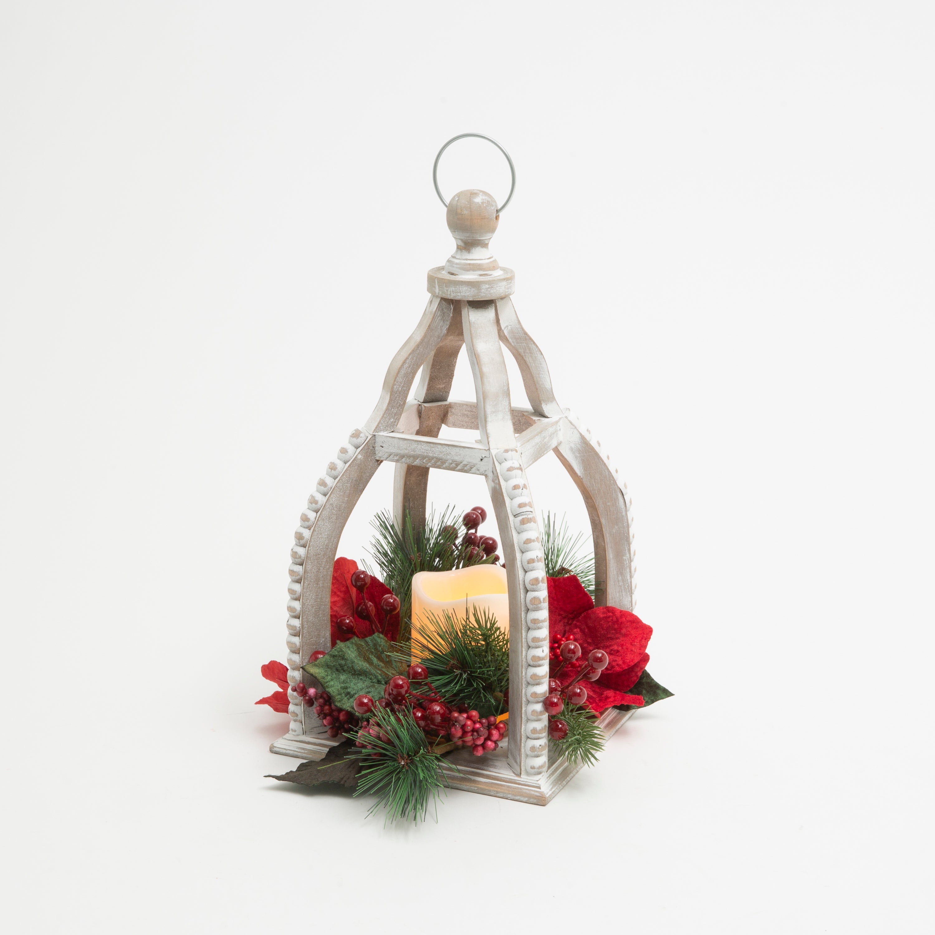Hand detailed 14.6 in H Battery Operated Lighted Wood Holiday Lantern with LED Candle and Floral Accents